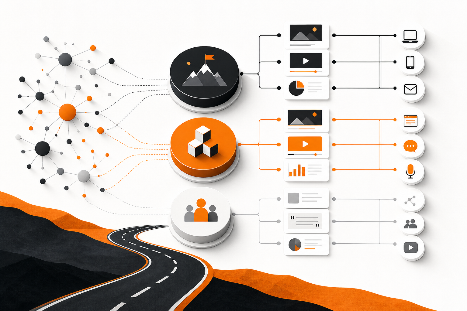 Diagram showing keyword clusters linked to content pillars, formats, and channels