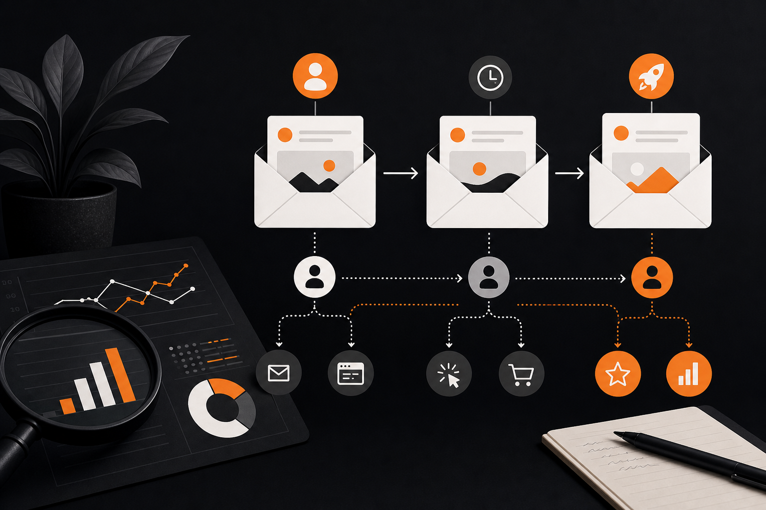 Orange and Black Zero-budget Growth Hacking flow