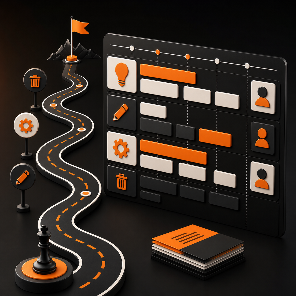 Editorial cover depicting a content roadmap turning strategy into prioritized initiatives across the content lifecycle