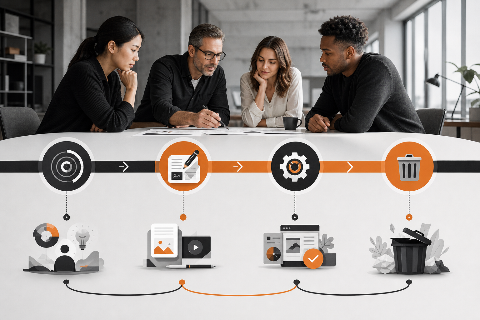 Orange and Black Content Strategy 4-Phase Visualization