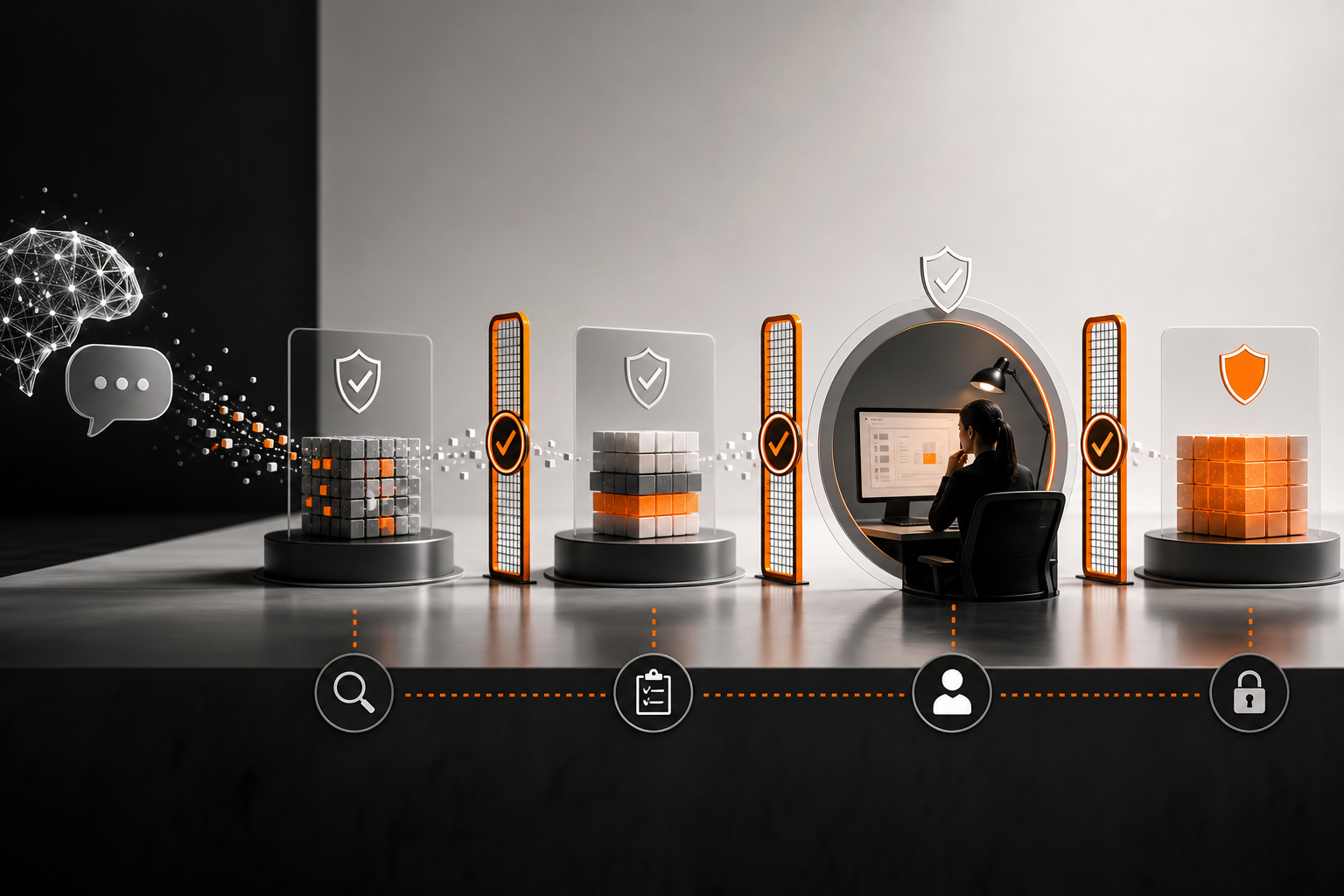 Orange and Black Visualization of safe rollout for AI agents