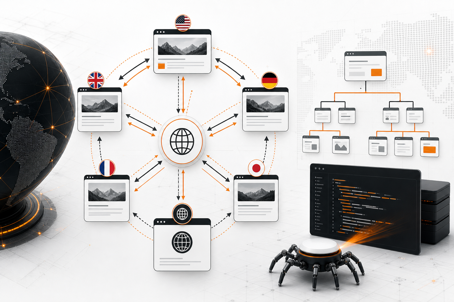 Orange and Black International SEO Diagram