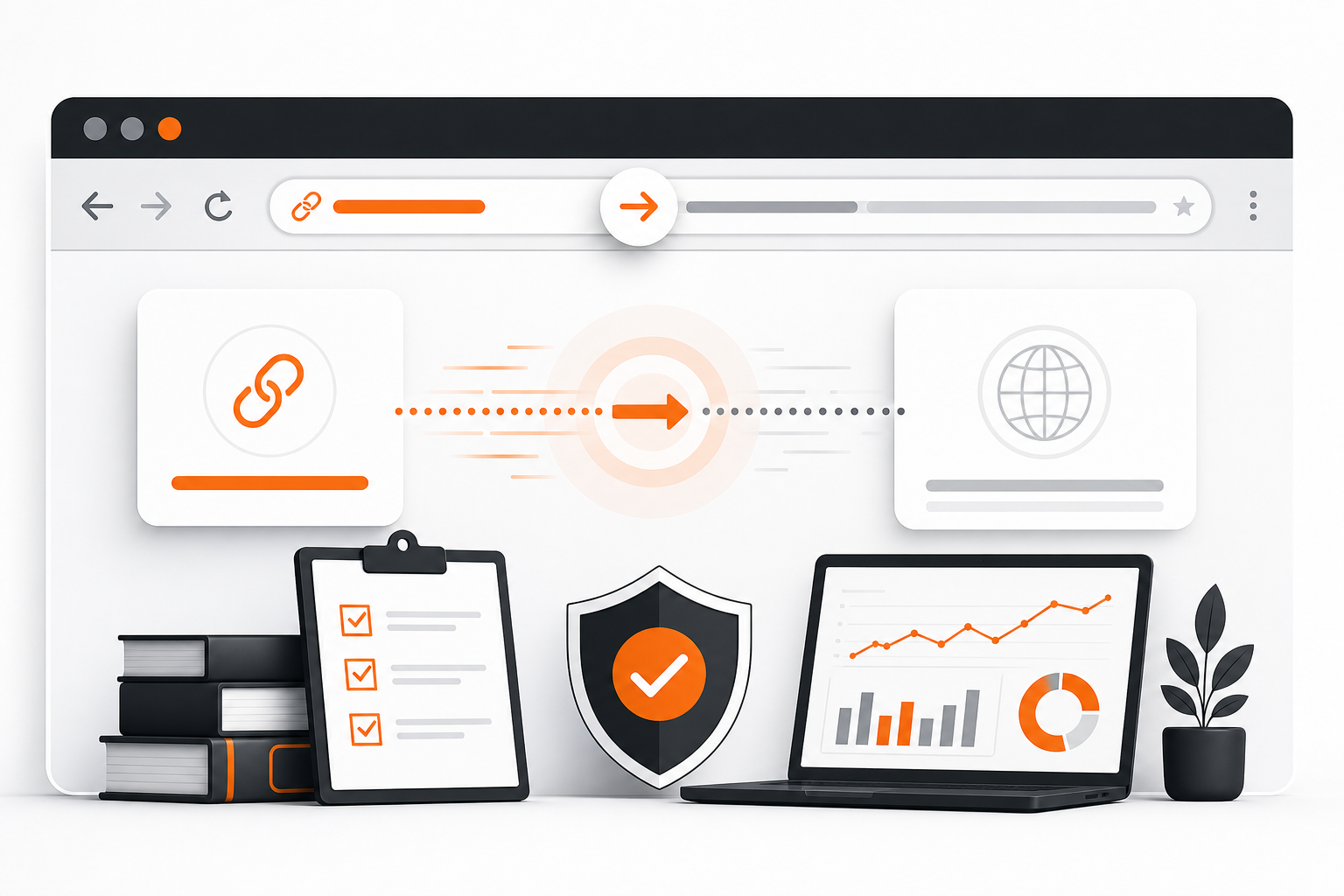Abstract browser bar showing a short branded vanity URL redirecting to a longer destination