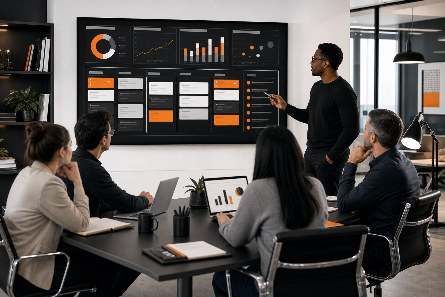 Team aligning content roadmap priorities to KPIs in a dashboard setting