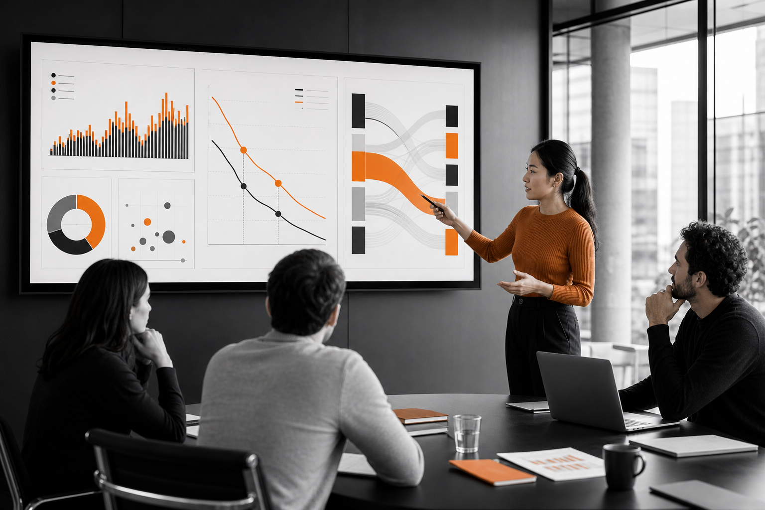 Orange and Black Workspace with large display 