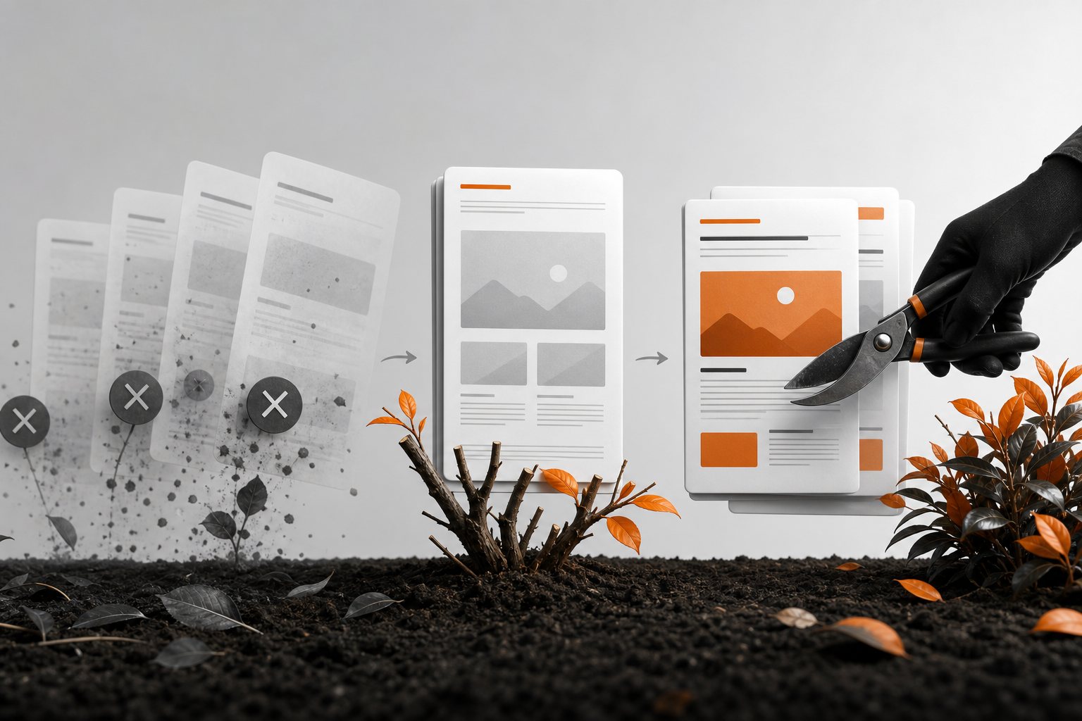 Concept art of content maintenance and removal through consolidating, refreshing, and pruning pages
