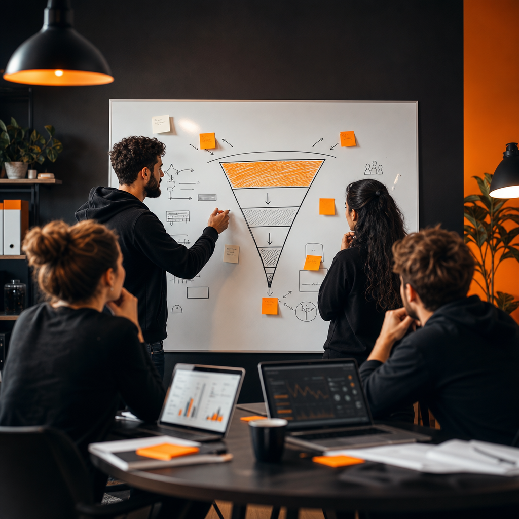 Cover image illustrating growth hacking techniques with a startup team mapping a funnel