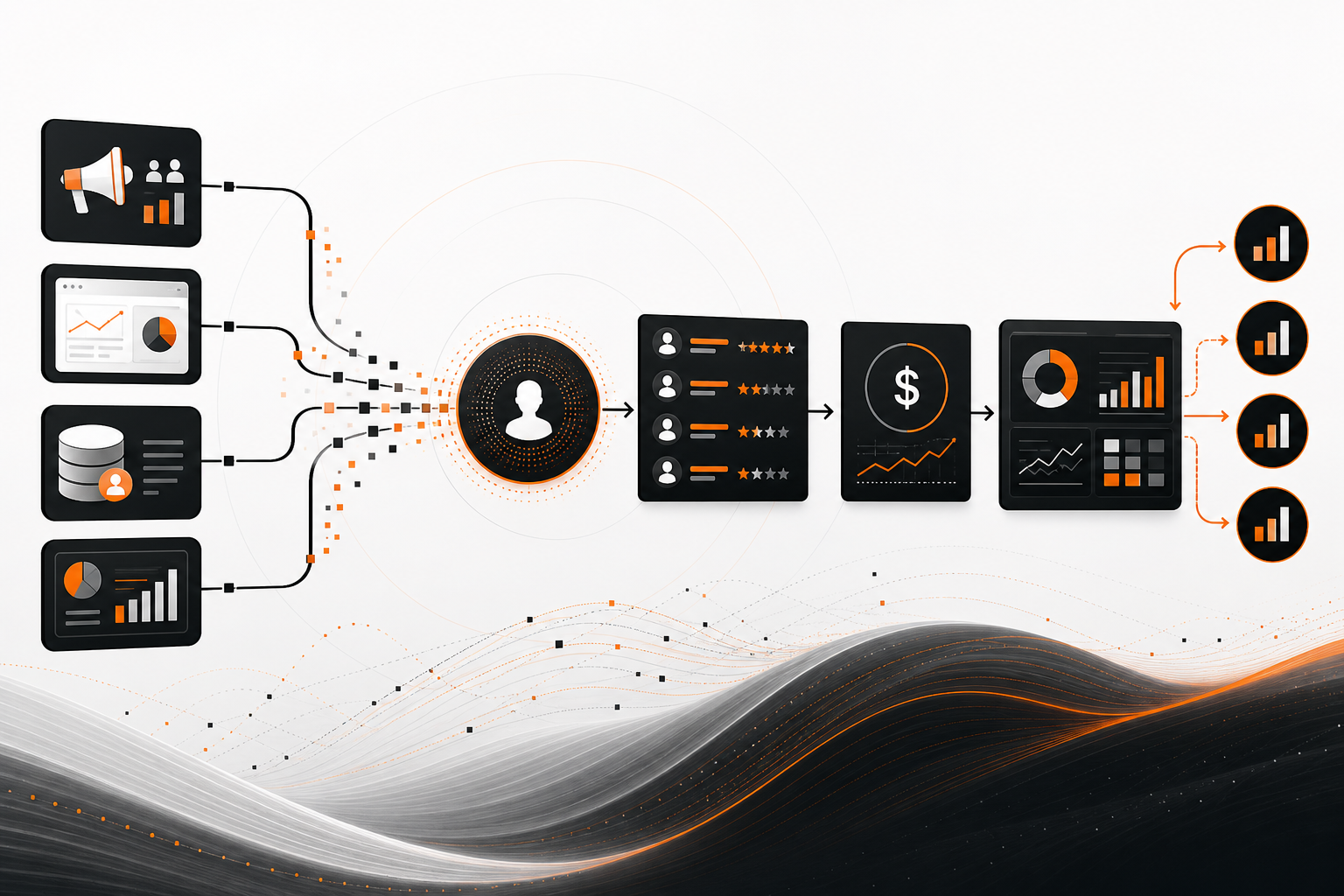 Orange and Black Data pipeline connecting ads, analytics, CRM, and BI 