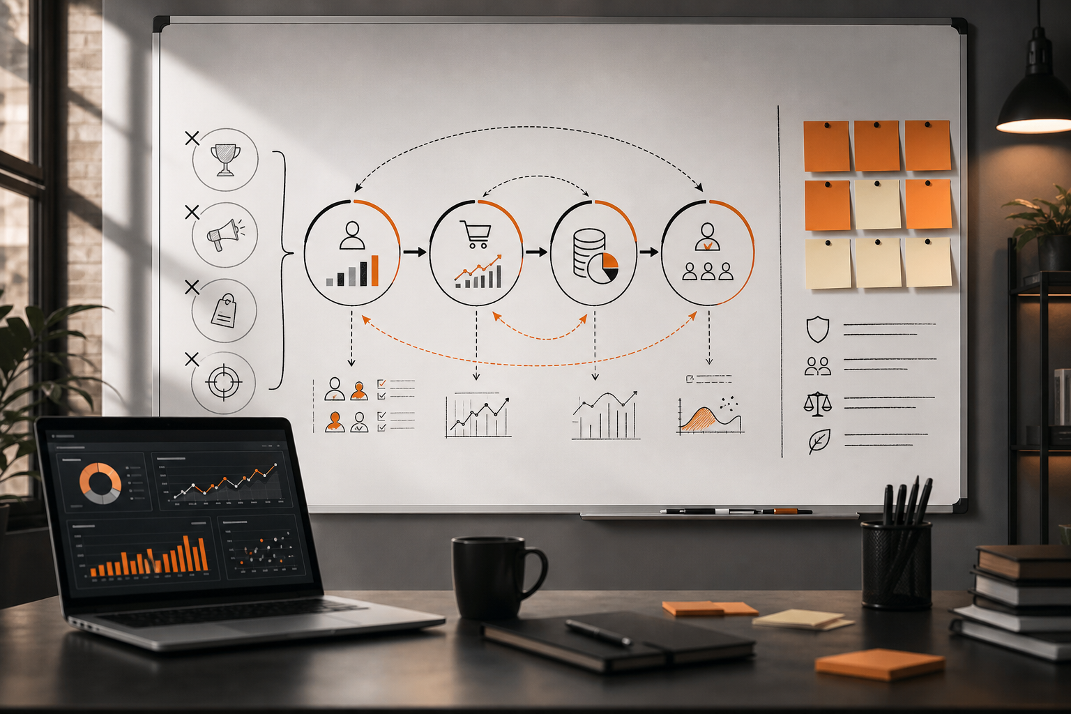 Orange and Black Performance Marketing Diagram