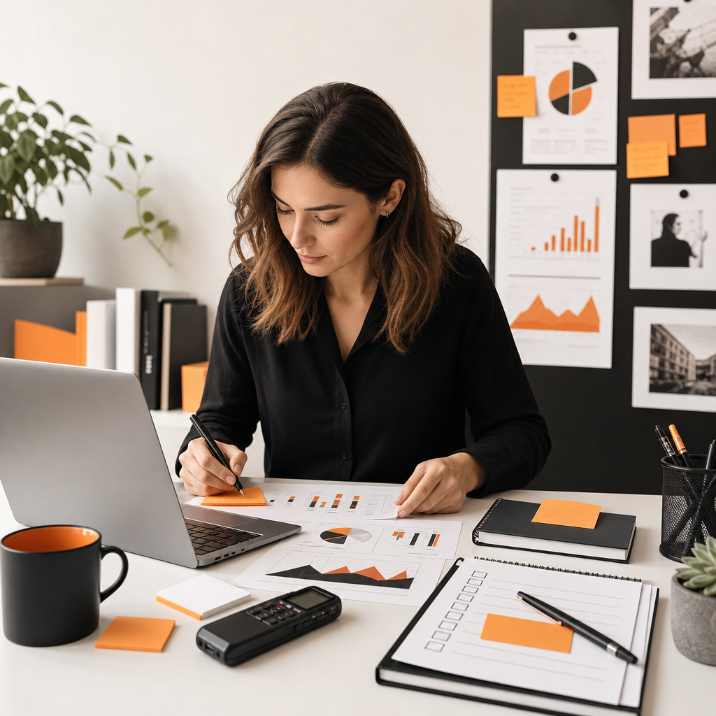 Editorial cover for how to write a case study showing a marketer organizing data, charts, and interview notes