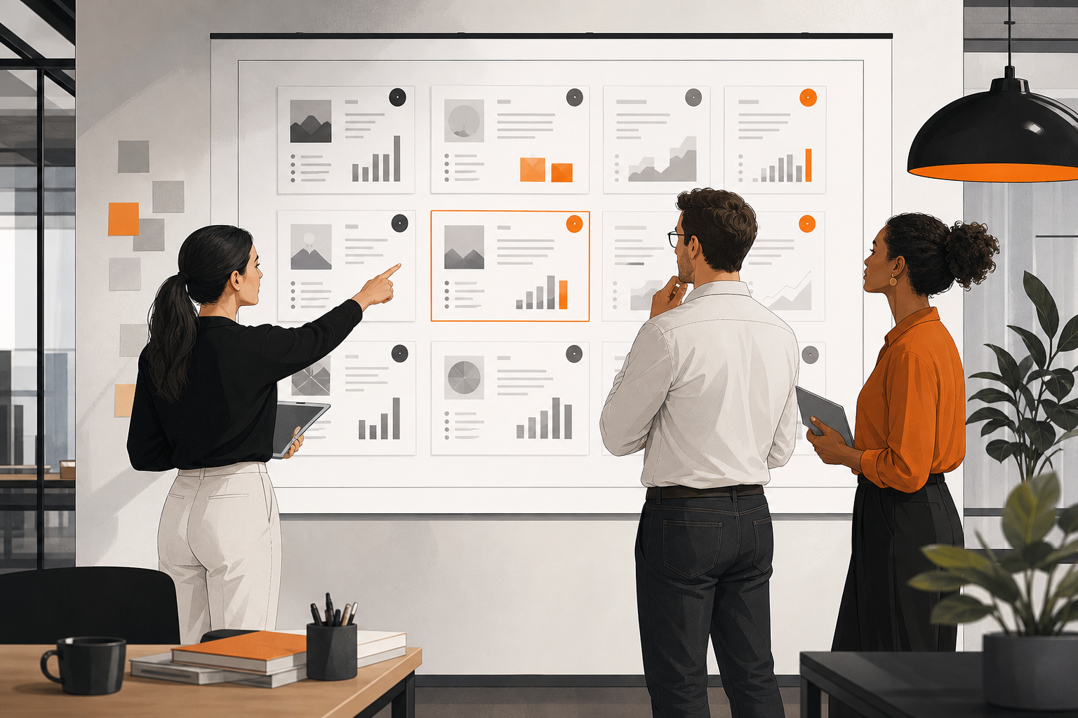 Team reviewing anonymized customer metrics to choose a strong case study candidate