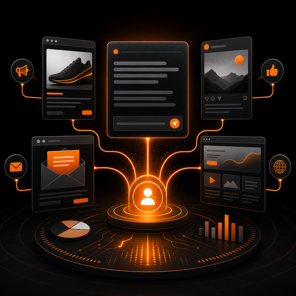 Editorial cover visualizing a single orchestrator prompt steering a full AI-driven marketing campaign