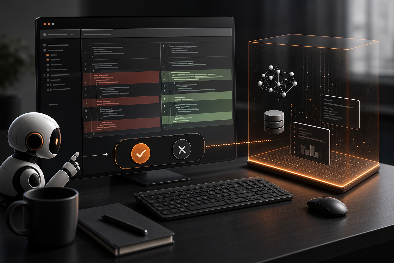 Orange and Black Agentic AI proposing a code diff