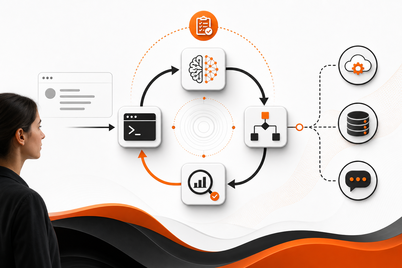 Orange and Black Illustration of an AI agent planning
