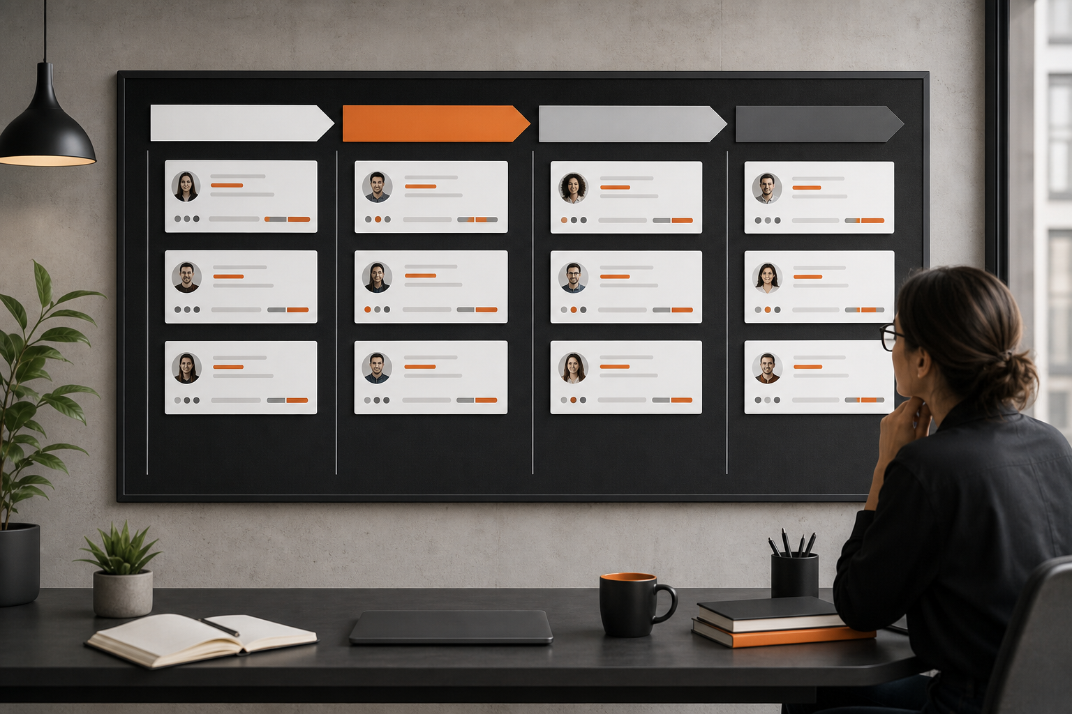 Visual concept of a content roadmap organized by lifecycle phases with prioritized cards and owners