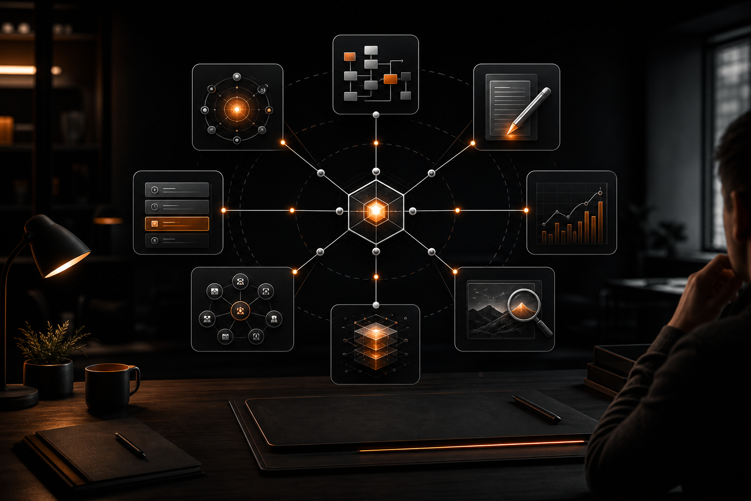 Abstract illustration of seven connected knowledge‑work capabilities in a unified workspace