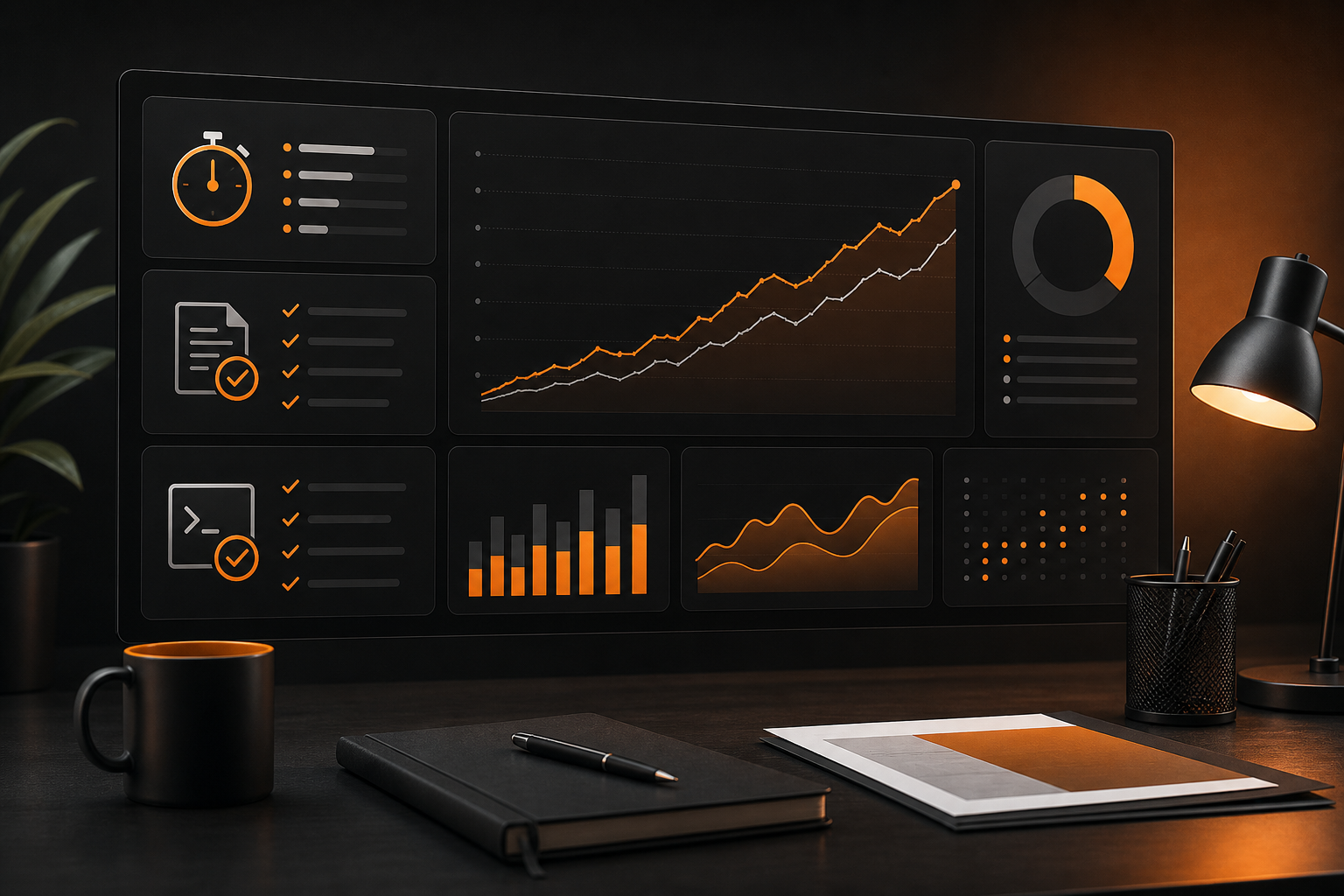 Orange and Black Codex Abstract analytics dashboard