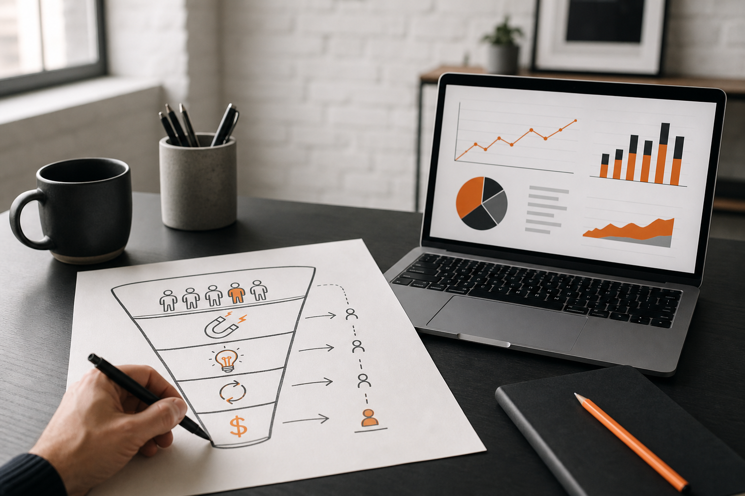 Illustration of an AARRR snapshot and analytics on a desk